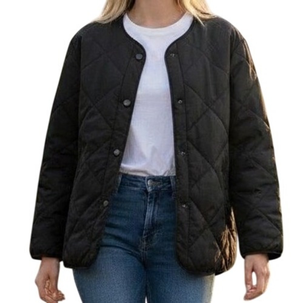 NWT Emory Park Women's Black Collarless Quilted Button Front Jacket Size Medium